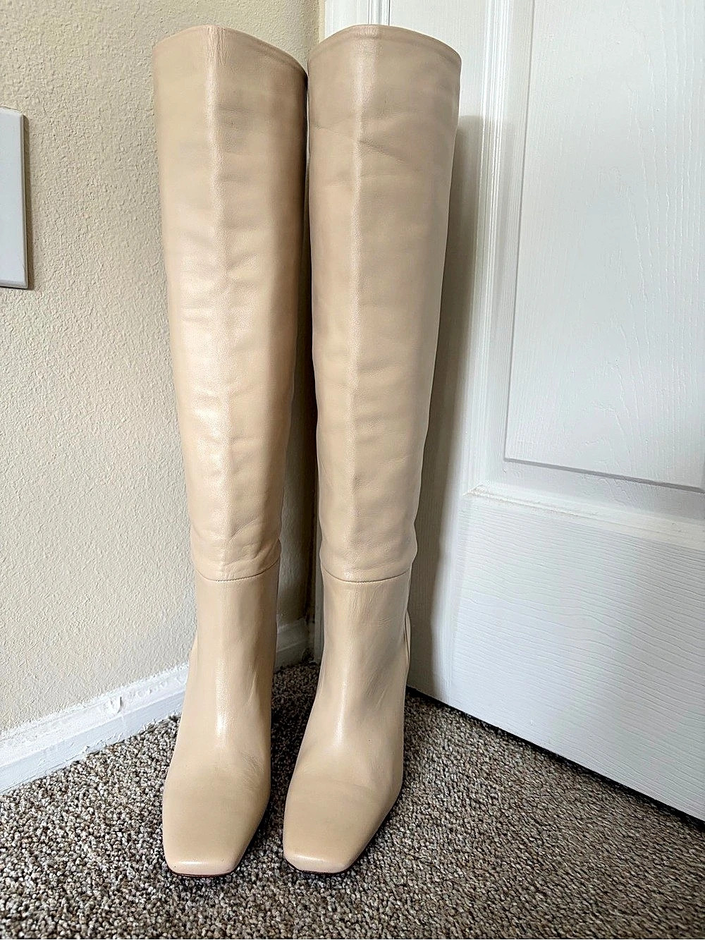 Zara Leather Tall Knee High Block Heel Boots Over-the-Knee Leather Boots Beige